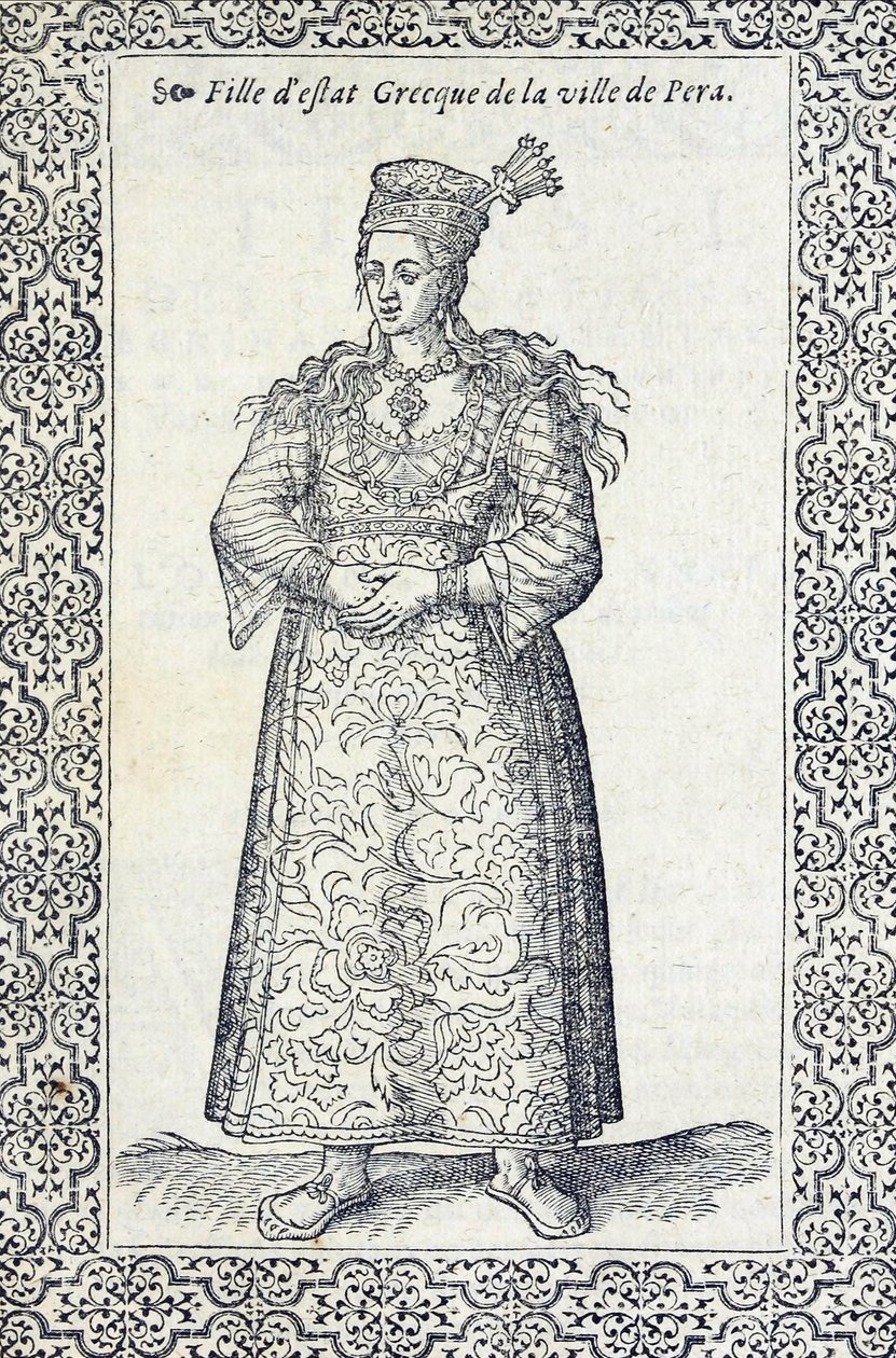 来自Pera的希腊女孩的插图，来自导航，旅行和旅行，土耳其的诡计，由Nicolas de Nicolay，1576年之前 作者 法语学校