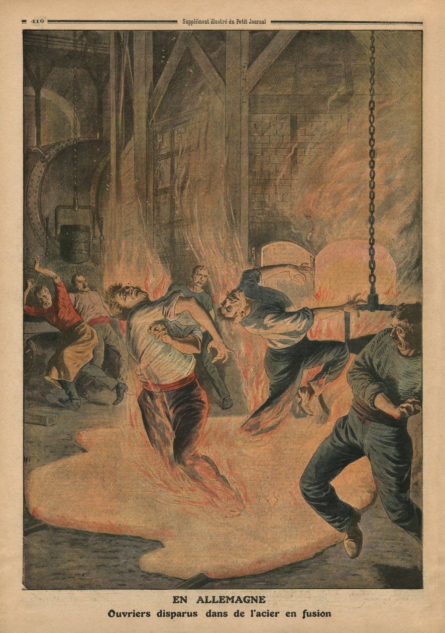 在德国，沉没在钢水中的工人，来自&39;Le Petit Journal&39;的插图，补充说明，1910年12月25日 作者 法语学校