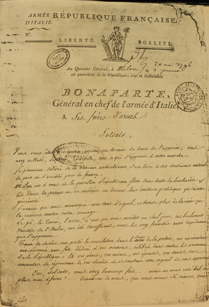 1796年5月20日，拿破仑作为意大利军将军发布的士兵指示 作者 法语学校