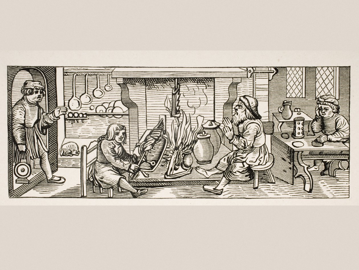 厨房的内部，在Calendarium Romanum的木刻后由Jean Staeffler，印刷图宾根，德国，1518年，来自Le Moyen Age et La Renaissance由Paul Lacroix（1806-84）出版1847年 作者 法语学校