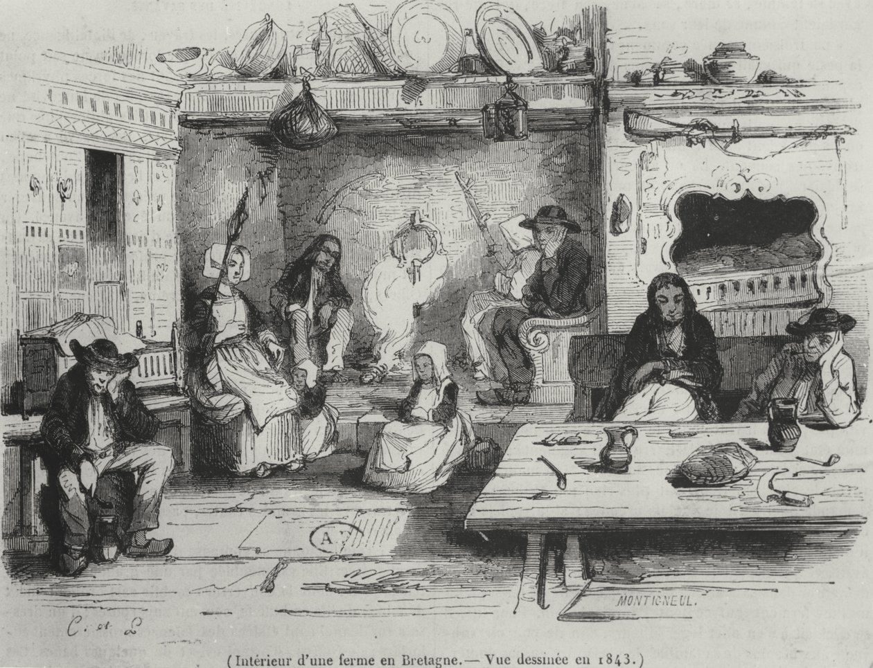一个农场的内部在布里坦尼，1843年 作者 法语学校