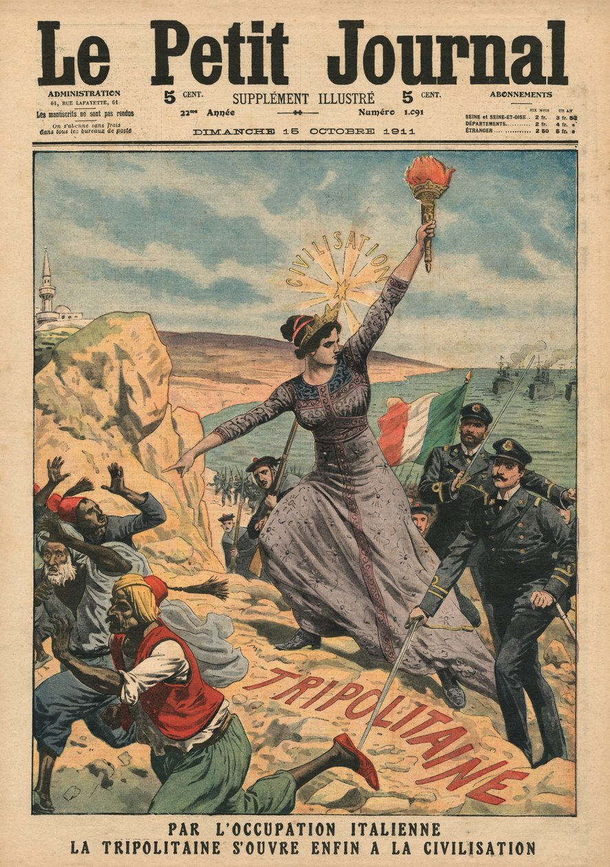 意大利为Tripolitania提供文明，插图来自&39;Le Petit Journal&39;，补充illustre，1911年10月15日 作者 法语学校