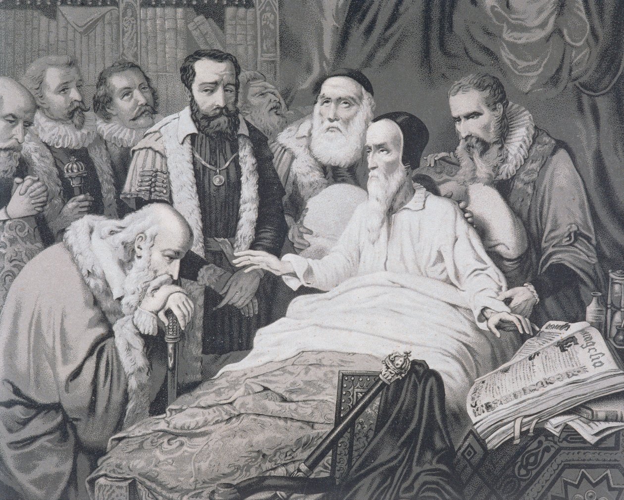 约翰·加尔文（1509-1564）在他的死亡床上 作者 法语学校