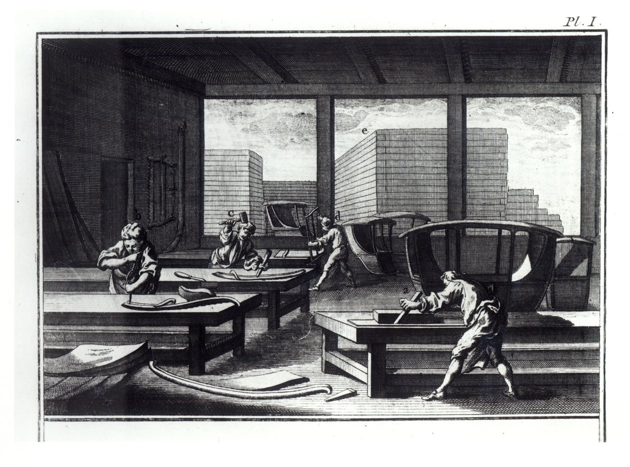 Joiner的工作室，制作教练和轿车椅子，来自Denis Diderot（1713-84）的“Encyclopedia”，1762年版 作者 法语学校