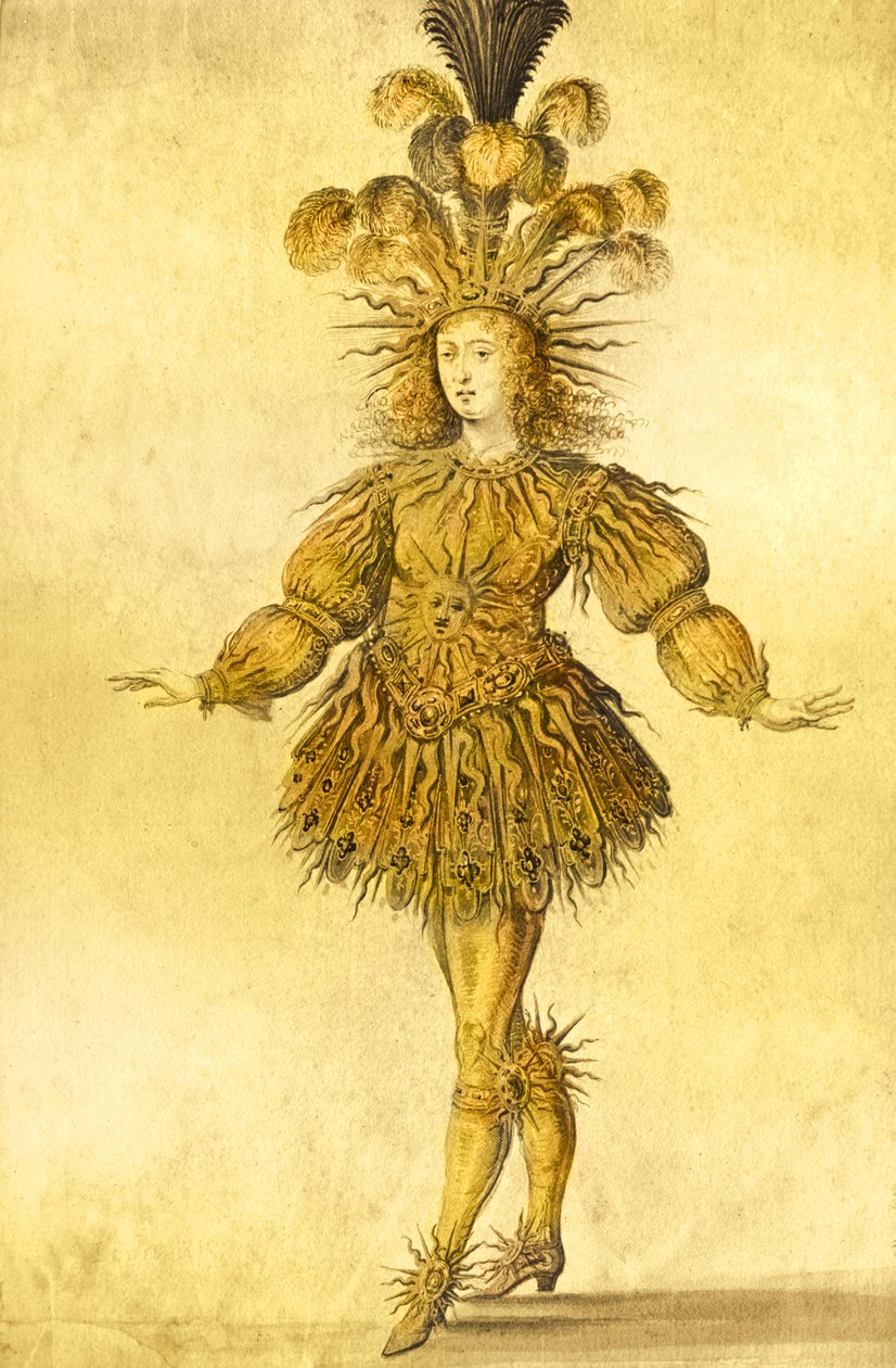 法国国王路易十四穿着芭蕾&39;La Nuit&39;中的太阳王服装，1653年（后来着色） 作者 法语学校