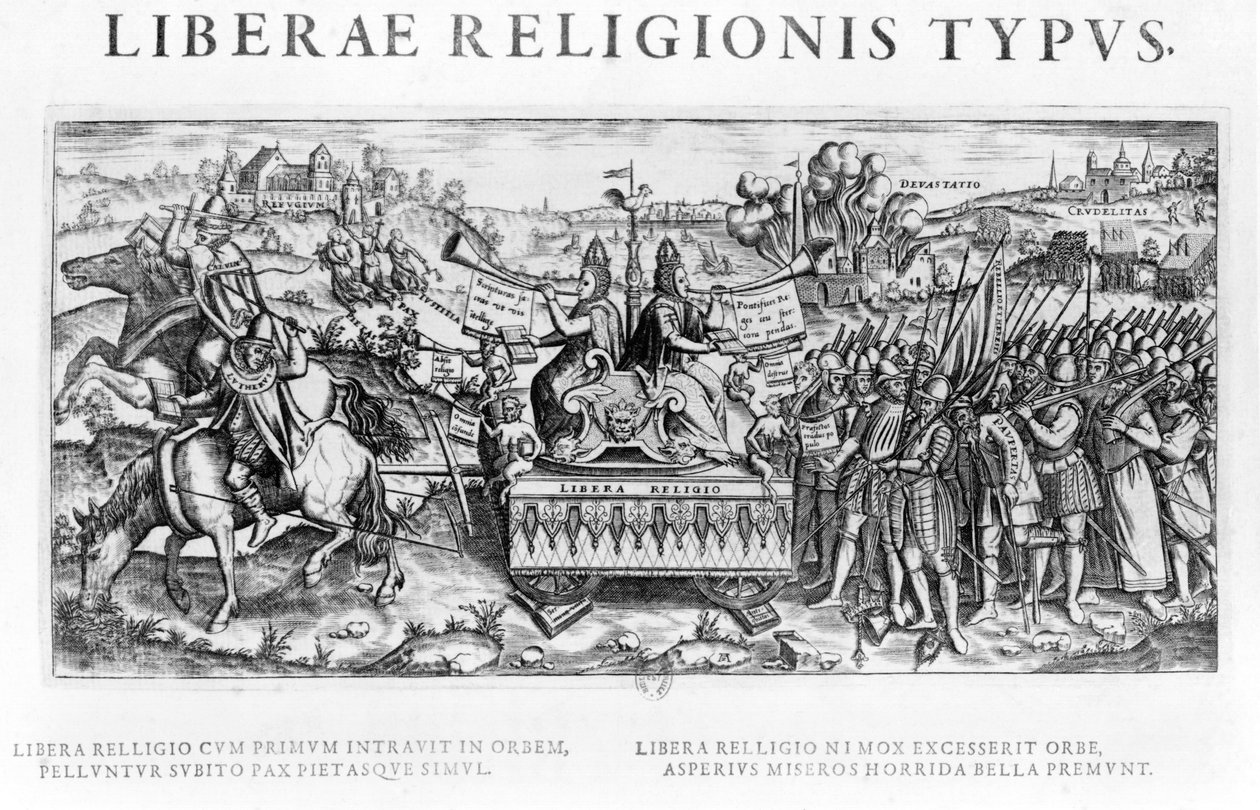 &39;Librae Religionis Typus&39;，改革的寓言描绘了John Calvin（1509-64）和Martin Luther（1483-1546） 作者 法语学校