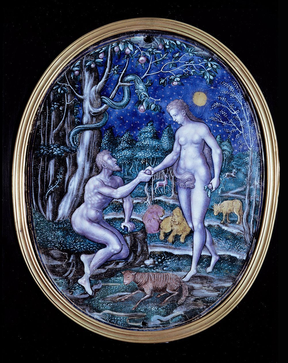 Limoges牌匾描绘亚当和夏娃，1570年（珐琅） 作者 法语学校