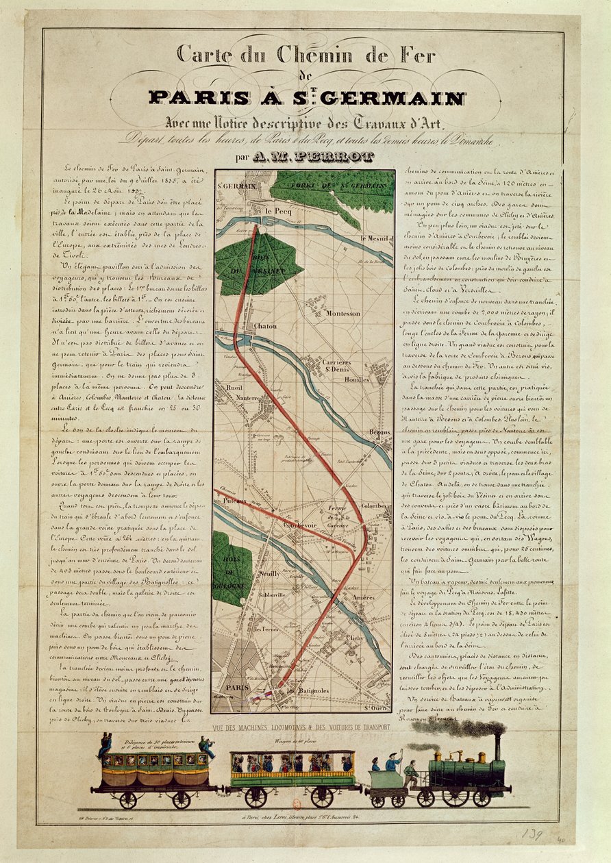 巴黎到圣日耳曼铁路的地图，由AM Perrot，1837年8月26日 作者 法语学校