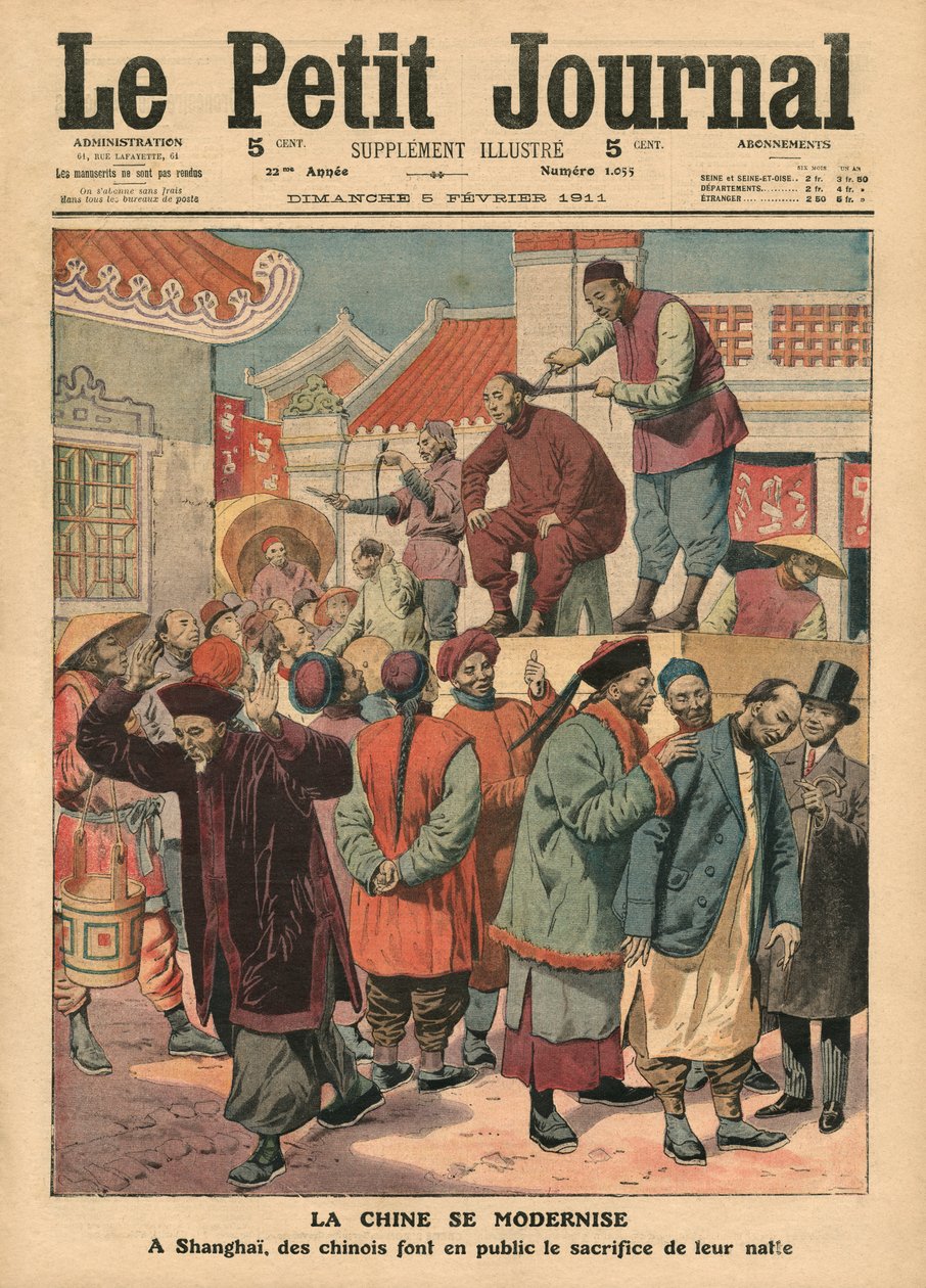 中国的现代化，中国人在上海切断了他们的尾巴，来自“Le Petit Journal”的插图，补充说明，1911年2月5日 作者 法语学校