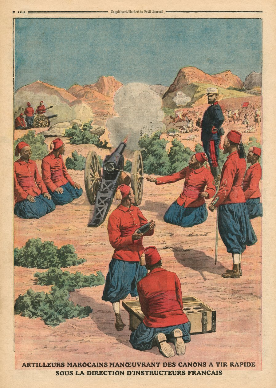 摩洛哥炮兵在法国教官的指挥下使用大炮，插图来自&39;Le Petit Journal&39;，补充说明，1911年3月26日 作者 法语学校