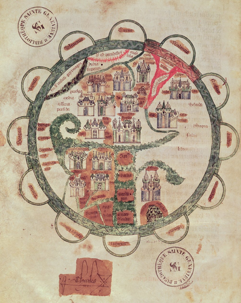 782 f.374v女士世界地图与耶路撒冷在中心，从&39;Chroniques de St. Denis&39;，c.1275 作者 法语学校