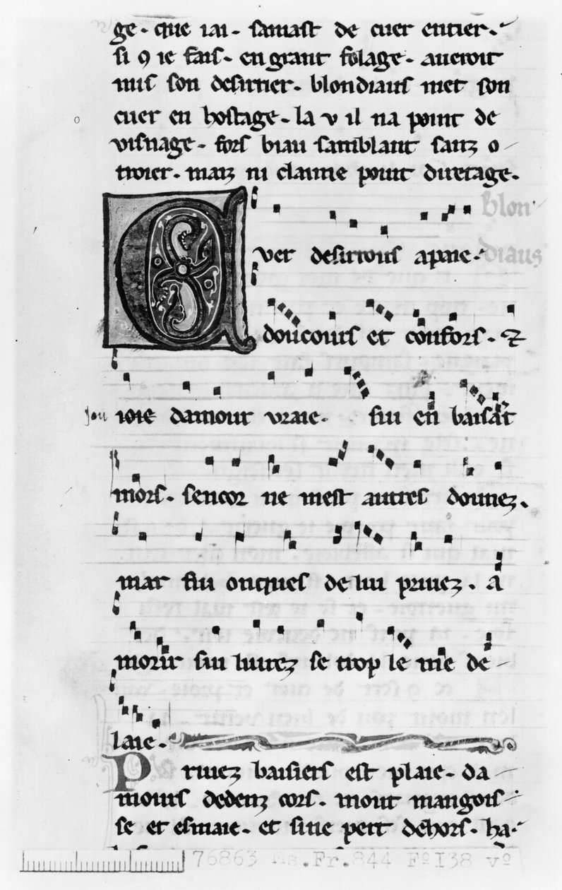 Ms.Fr 844 fol.138v由Blondel de Nesles创作的歌曲（12世纪末） 作者 法语学校