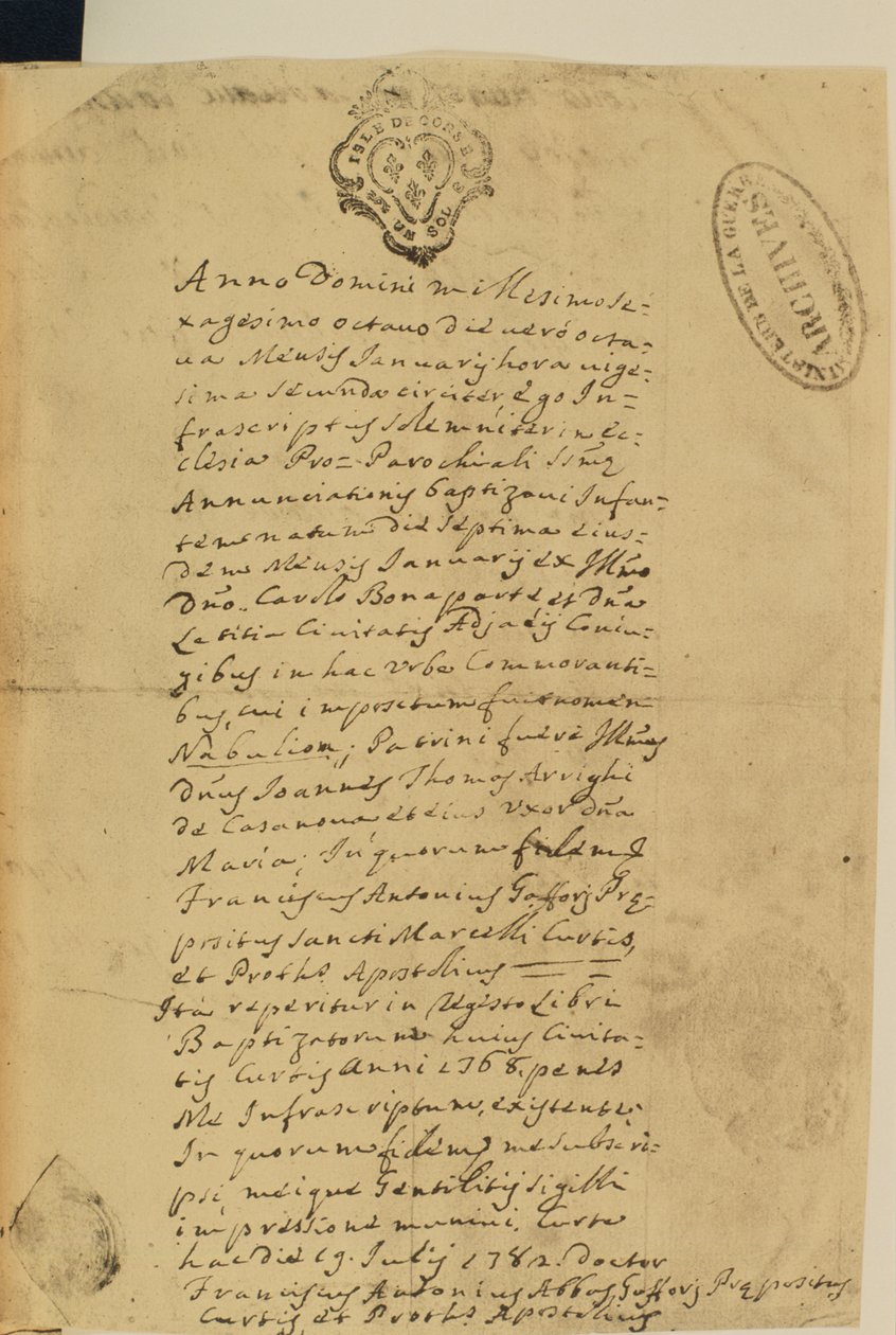 拿破仑的出生证，1769年 作者 法语学校