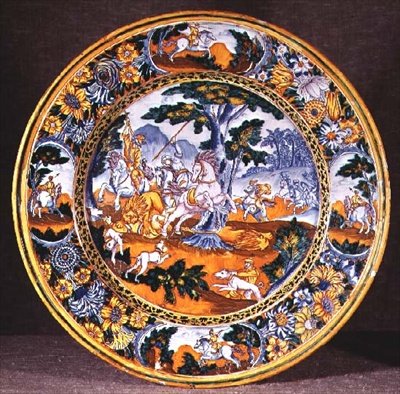 Nevers菜描绘了一个狩猎场景，改编自Antonio Tempesta的两幅版画，c.1660（彩陶） 作者 法语学校
