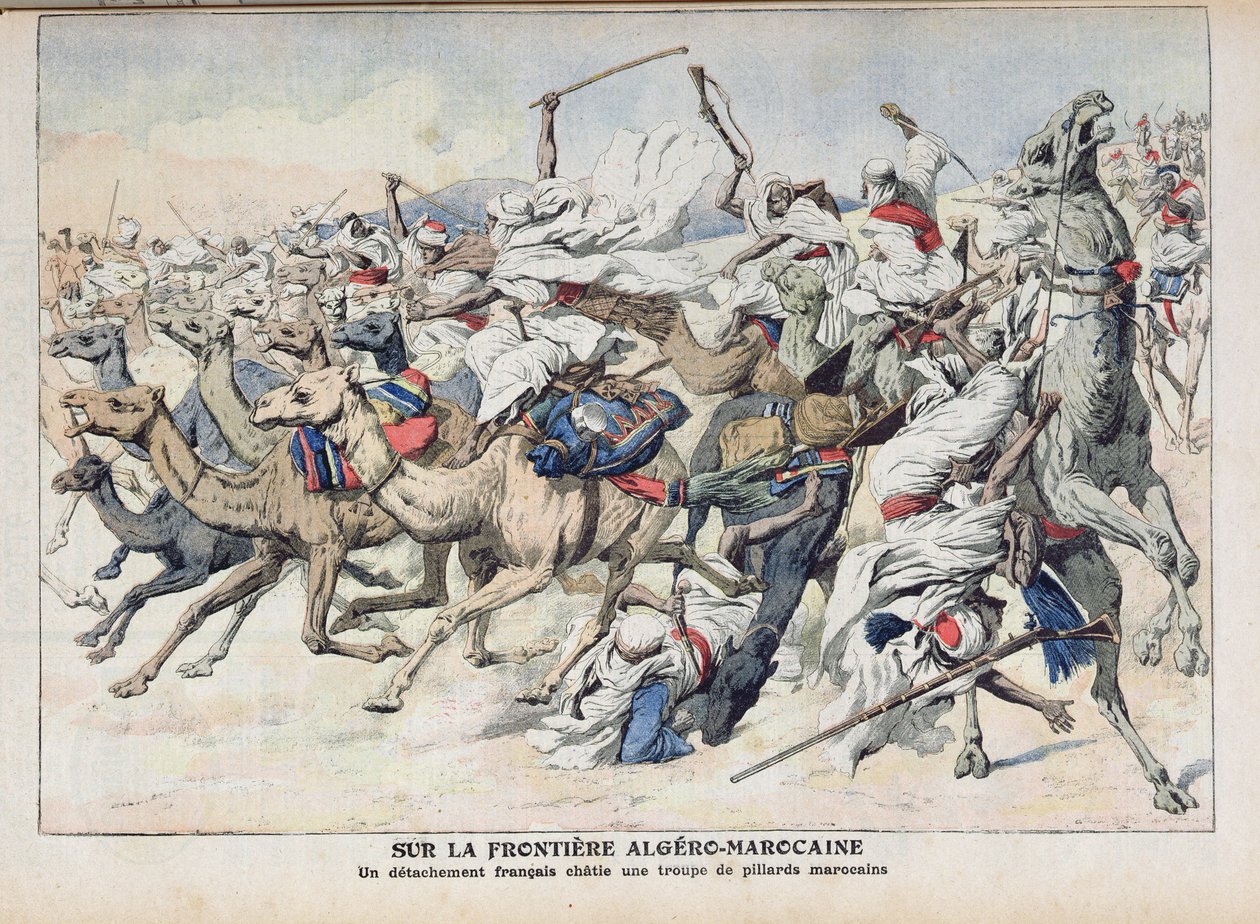 1906年11月18日，在“Le Petit Journal”的插图中，法国支队惩罚摩洛哥掠夺者乐队的Algero-Moroccan Frontier 作者 法语学校
