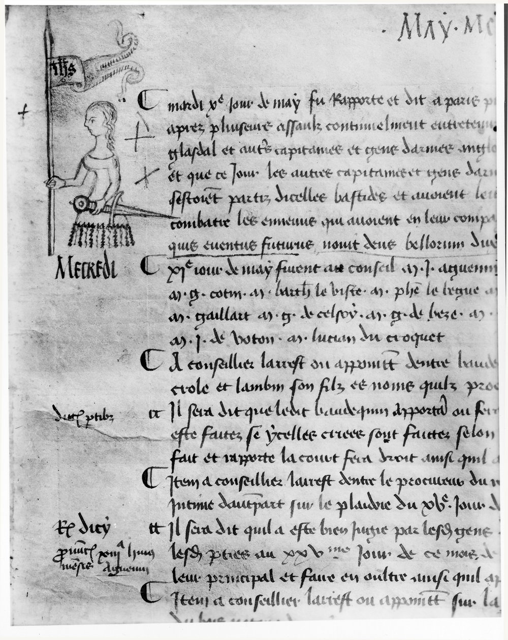 来自&39;巴黎议会理事会登记册&39;的页面描绘了圣女贞德（1414-31），1429年5月10日 作者 法语学校
