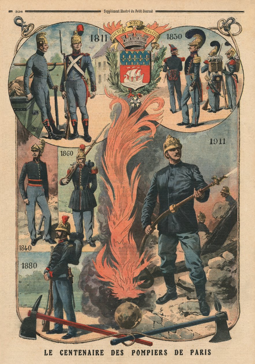 巴黎消防员百年纪念，插图来自&39;Le Petit Journal&39;，补充illustre，1911年10月8日 作者 法语学校