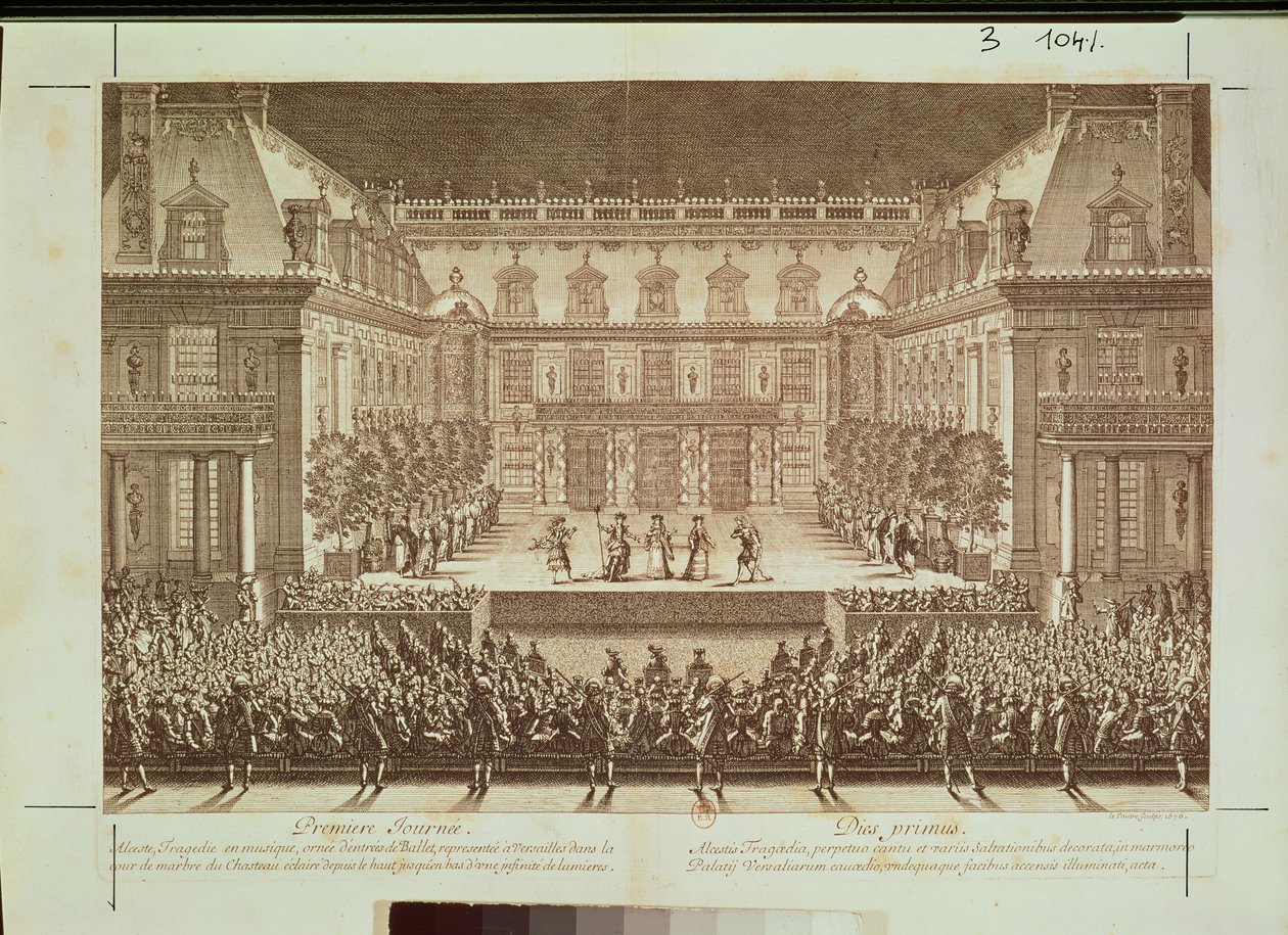 歌剧“Alceste”的表演，在凡尔赛宫的大理石庭院演出，由Antoine Le Pautre雕刻（1621-91）1676 作者 法语学校