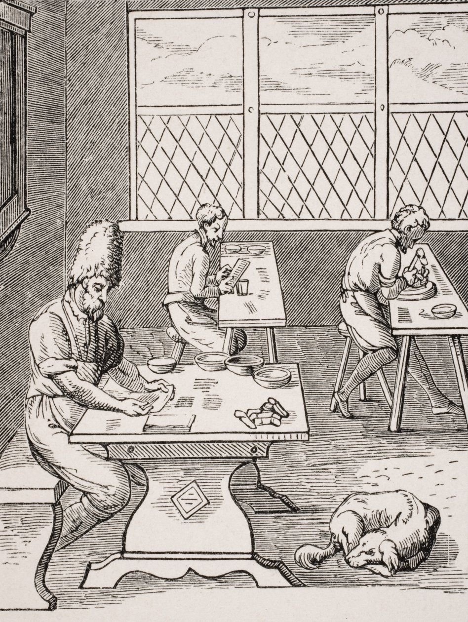 Pin和针制造商，由Jost Amman（1539-91）在&39;Le Moyen Age et La Renaissance&39;中由Paul Lacroix（1806-84）复制木刻，1847年出版 作者 法语学校