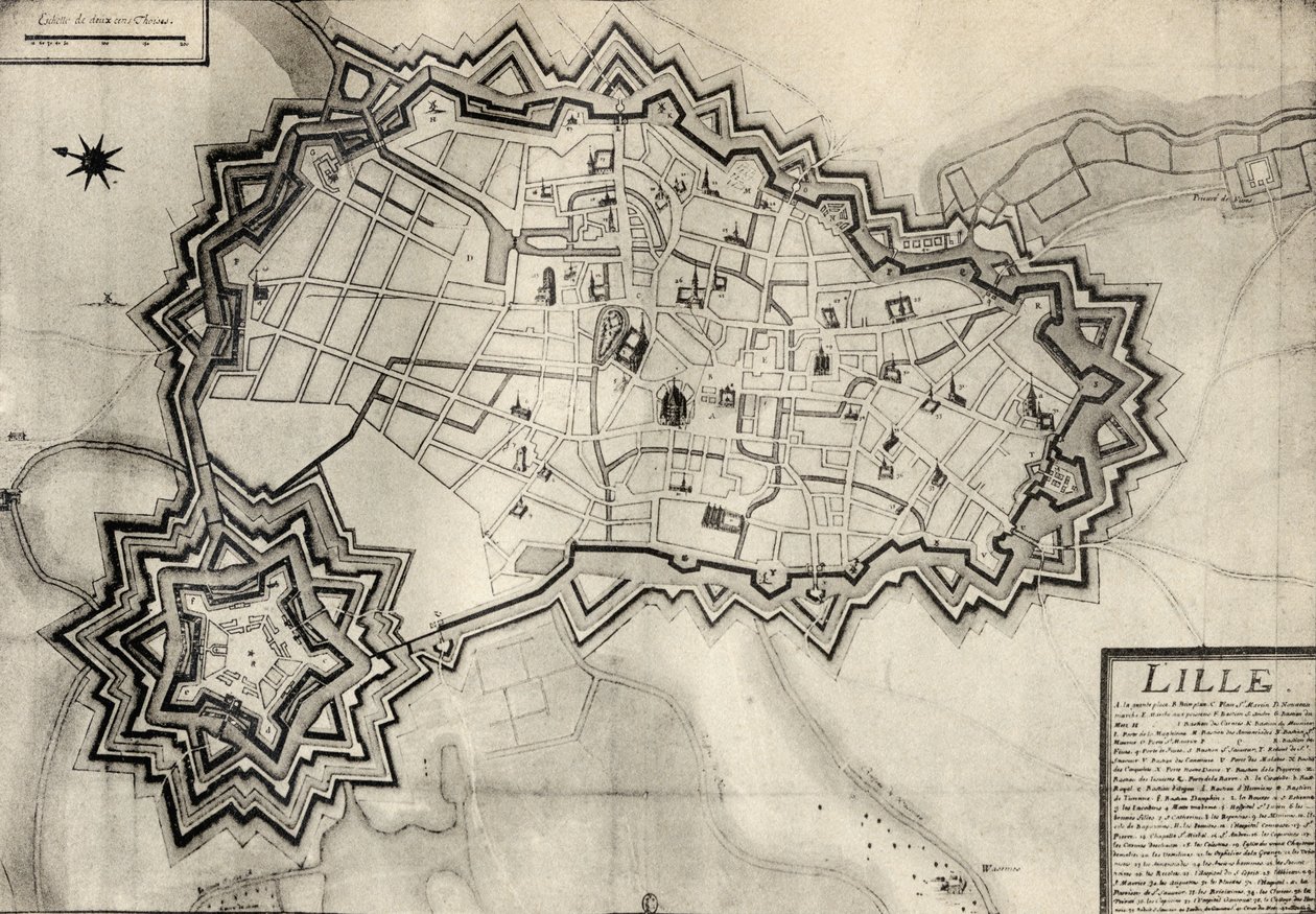 里尔的地图和防御工事大约在1670年，来自&39;Charles de Batz-Castelmore Count d&39;Artagnan回忆录&39;，1928年出版 作者 法语学校
