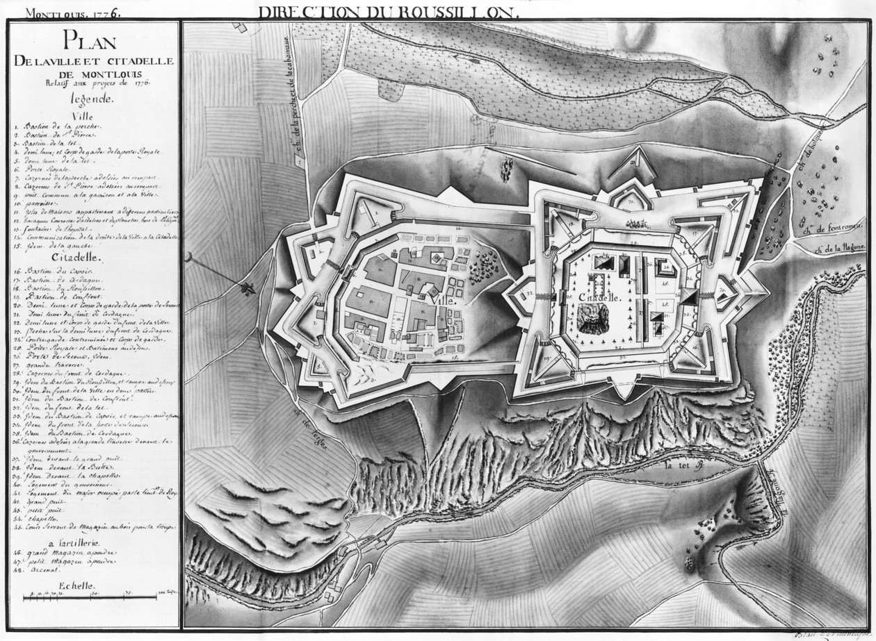 1776年Mont-Louis镇和城堡的计划和地图（铅笔和纸上的wc） 作者 法语学校