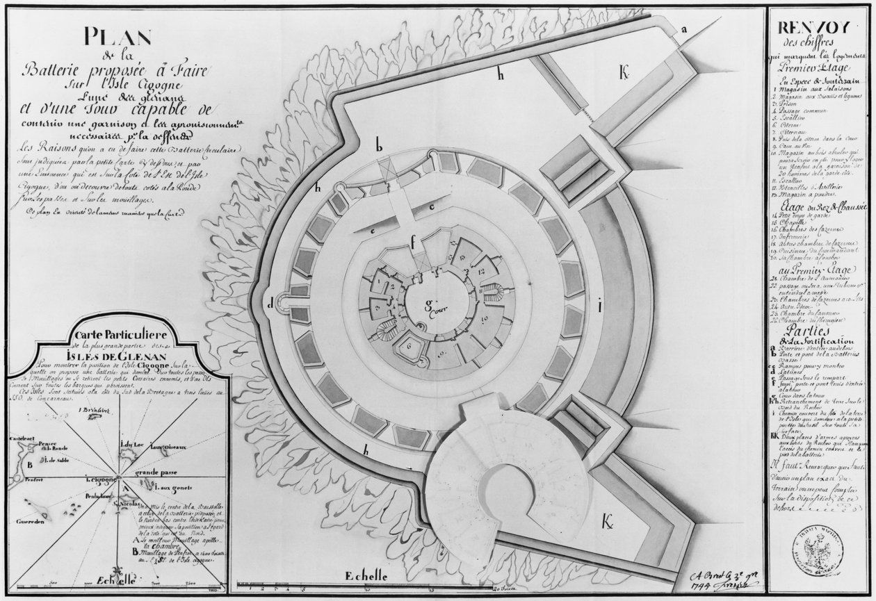 Ile Cigogne上的电池项目计划和1745年Glenan Isles的地图（铅笔和纸上的wc） 作者 法语学校