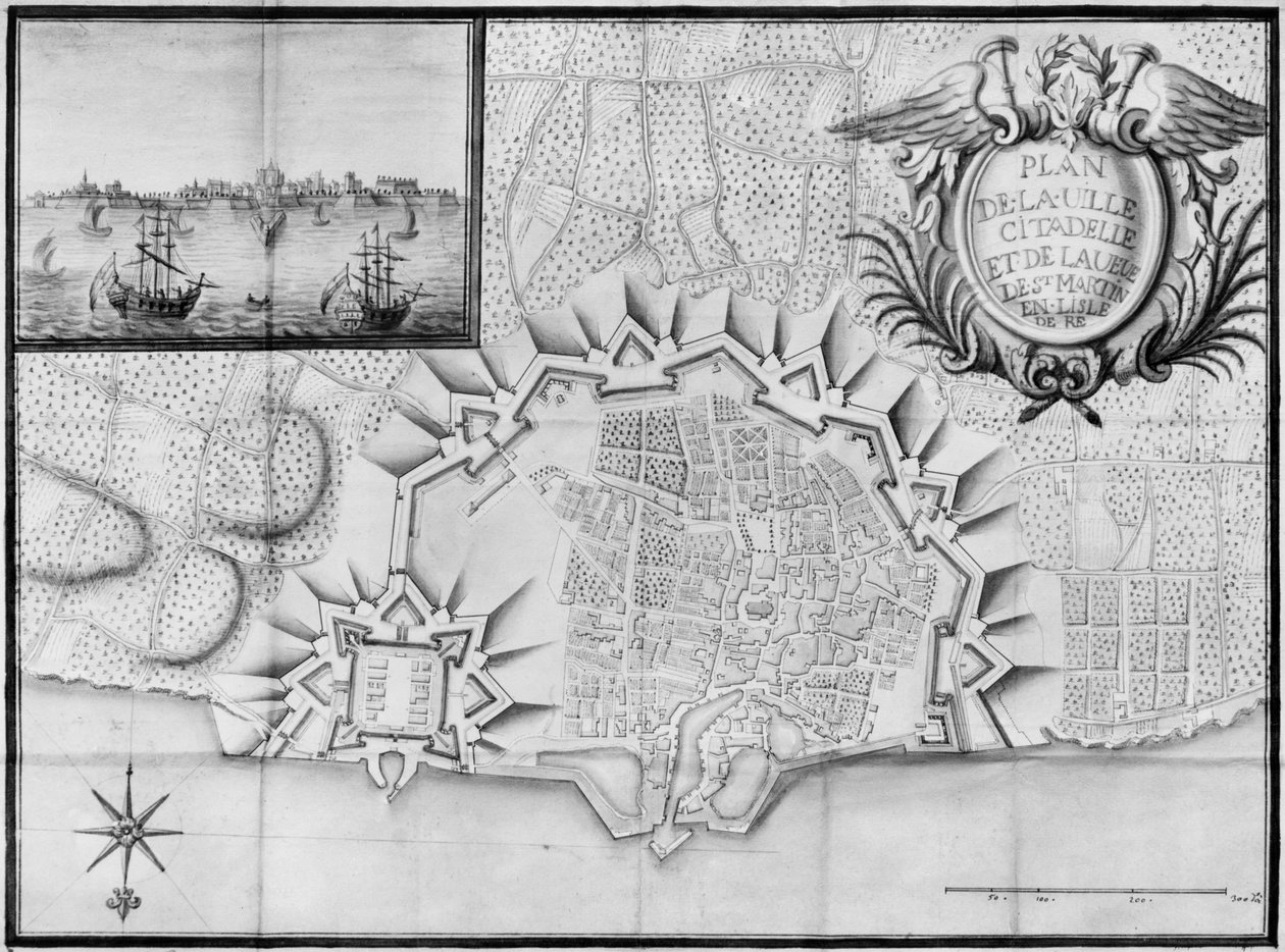 该镇的计划和Saint-Martin-de-Re，Ile de Re（铅笔和纸上的wc）的城堡 作者 法语学校