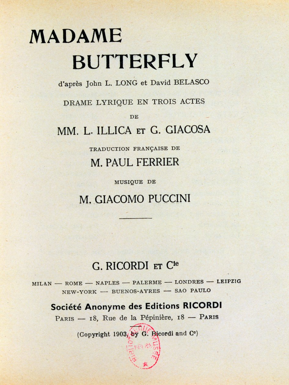 1903年由Giacomo Puccini（1858-1924）拍摄的“Madame Butterfly”的海报 作者 法语学校