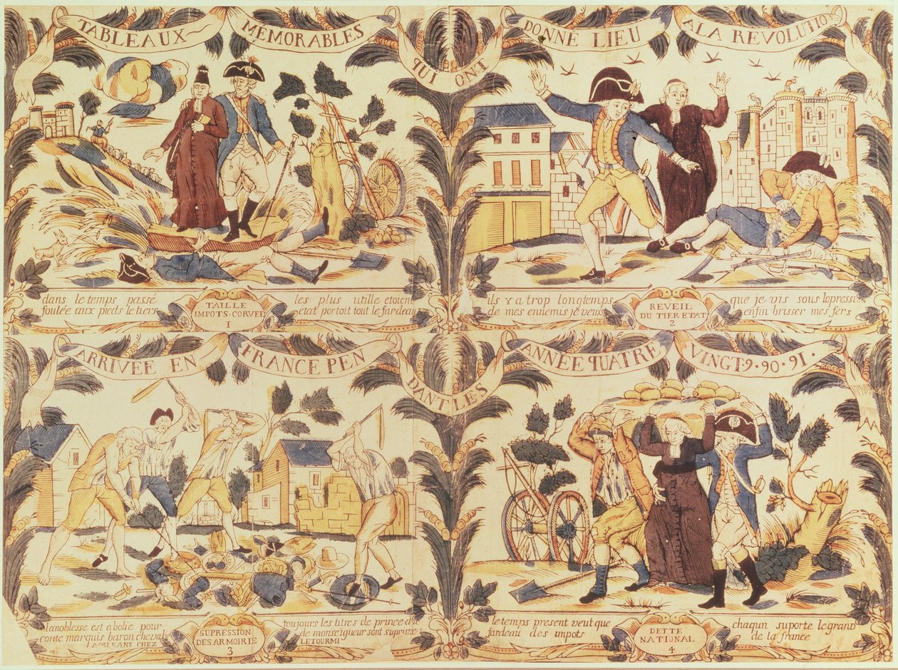 流行的图像突出了条形漫画法国革命的主要原因，c.1792 作者 法语学校