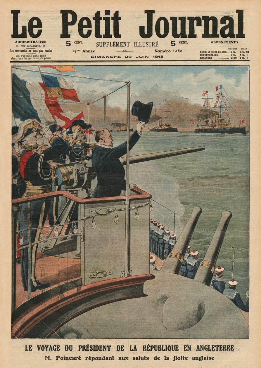 Raymond Poincare到英格兰的总统之旅，来自&39;Le Petit Journal&39;的封面插图，补充说明，1913年6月29日 作者 法语学校
