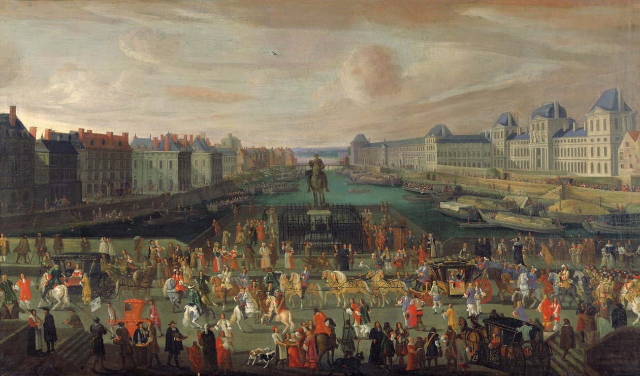 路易十四（1638-1715）的游行穿过Pont-Neuf，1665-69 作者 法语学校