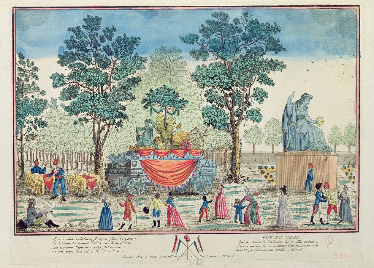“至高无上的日子”之后的农业战车游行，c.1794（彩色雕刻） 作者 法语学校