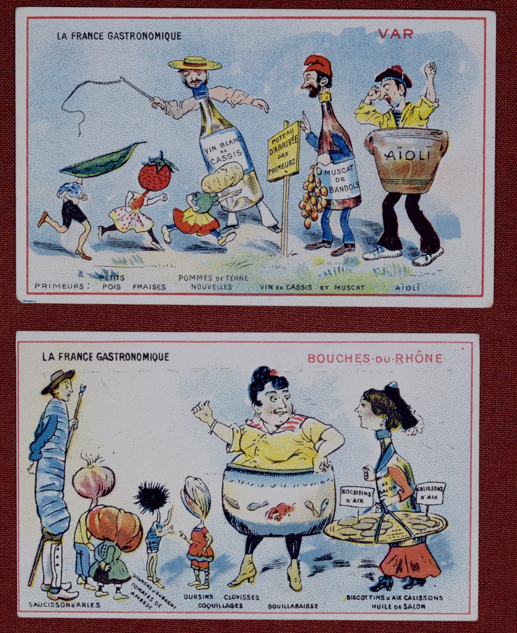儿童促销和教育卡片描绘了Var和Bouches-du-Rhone地区的食品特产，c.1910 作者 法语学校