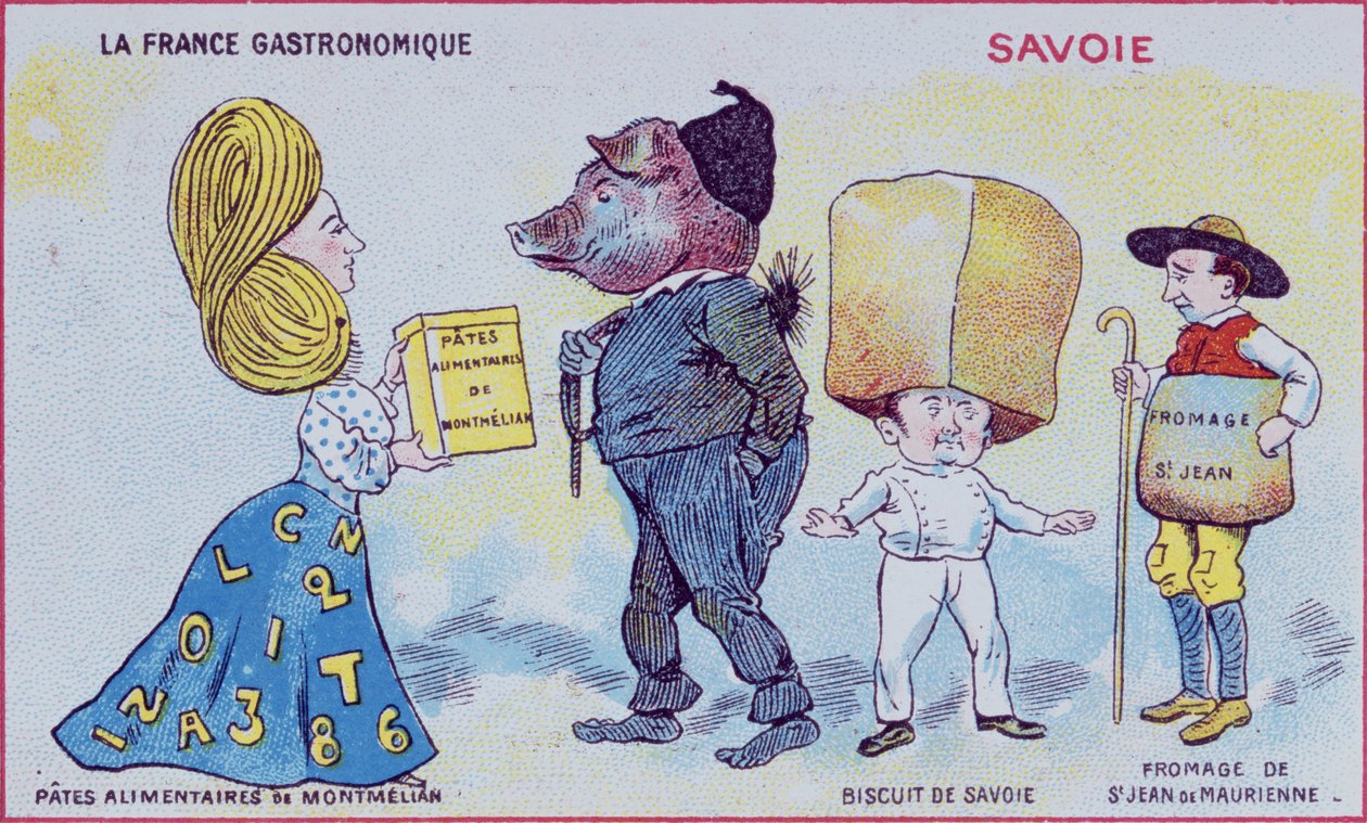 儿童的宣传和教育卡，描绘萨瓦地区的食品特色，c.1910 作者 法语学校