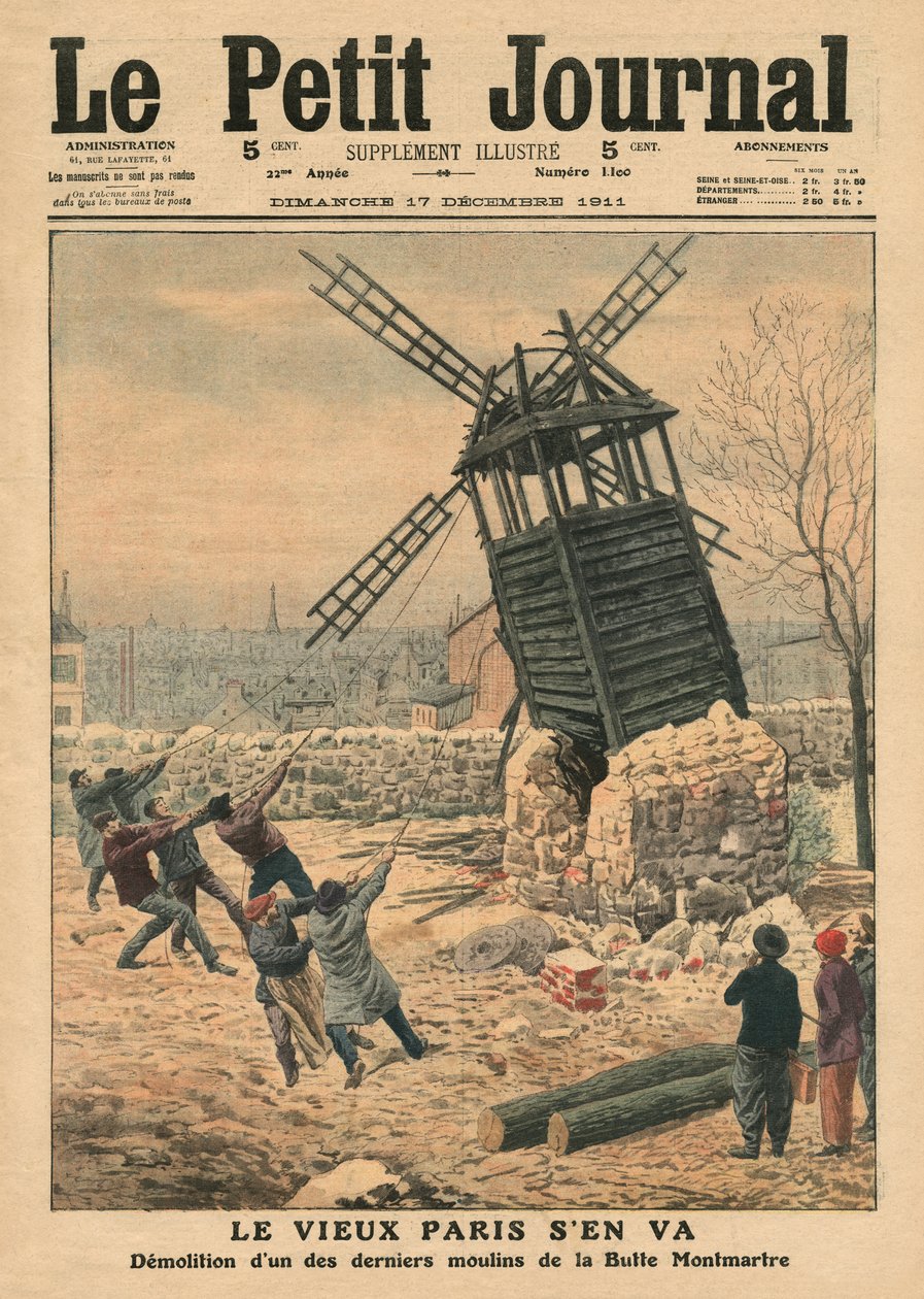 拉下Butte Montmartre最后一个风车，插图来自&39;Le Petit Journal&39;，补充说明，1911年12月17日 作者 法语学校
