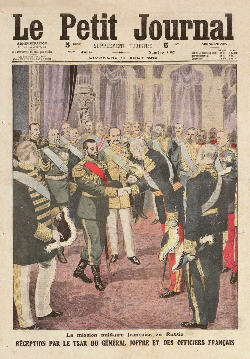 1913年8月17日，来自&39;Le Petit Journal&39;的彼得霍夫宫的Nicolas II（1894-1917）接待Joseph Joffre将军（1852-1931） 作者 法语学校