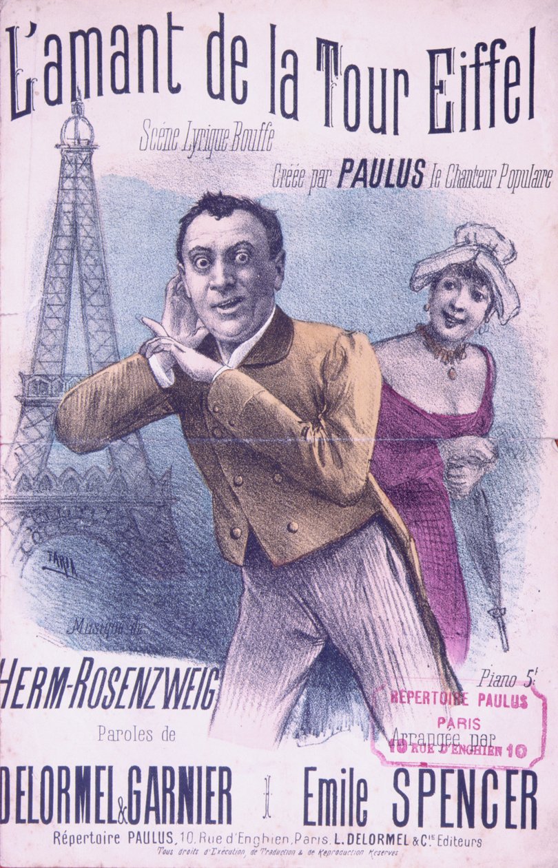 歌曲LAmant de la Tour Eiffel的歌曲，由Paulus（1845-1908）演唱，Herm-Rosenzweig的音乐，Delormel和Garnier的歌曲，c.1889 作者 法语学校