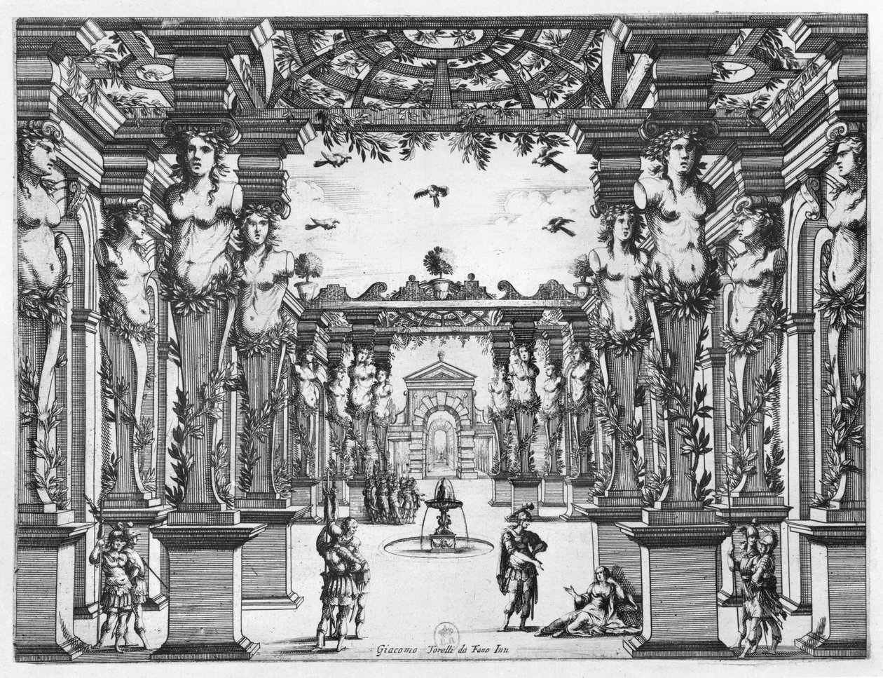 由Giacomo Torelli（1608-78）为&39;Mirame&39;设计的舞台设计于1641年在巴黎剧院Petit Bourbon演出 作者 法语学校