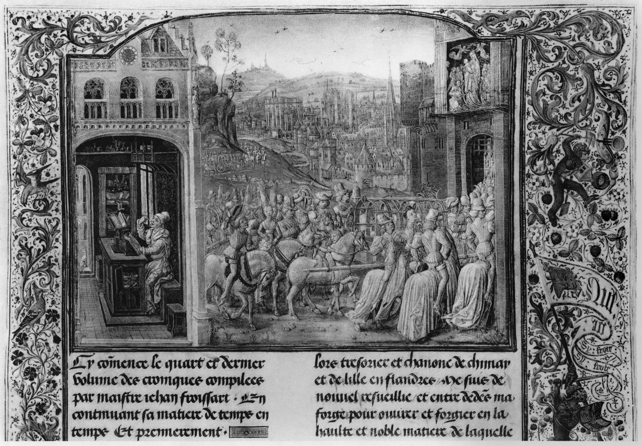 T.4 fol.1 L：Froissart撰写他的编年史，R：巴伐利亚的伊莎贝拉（1371-1435）于1389年从弗里萨特的纪事报进入巴黎，1472年 作者 法语学校