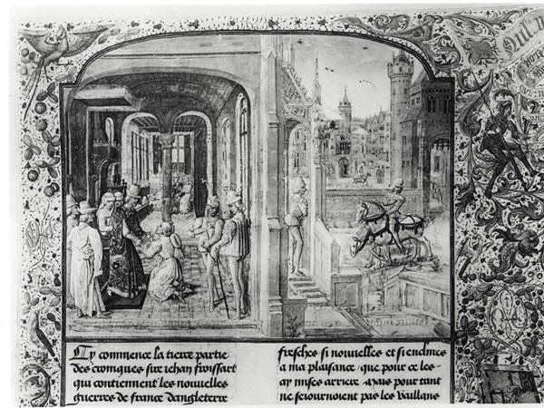 T.III fol.1 Froissart在Orthez收到了Gaston de Foix伯爵，他给了Guy de Blois的信，来自Froissarts Chronicle 作者 法语学校