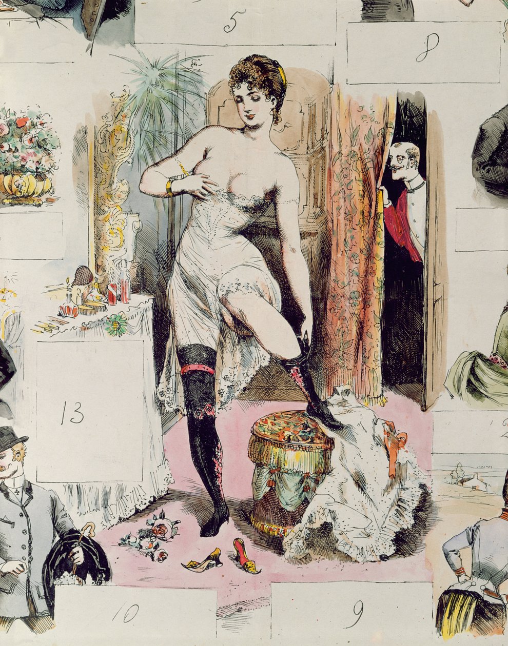 紧身胸衣，来自La Vie Parisienne的插图，1875年（彩色雕刻） 作者 法语学校