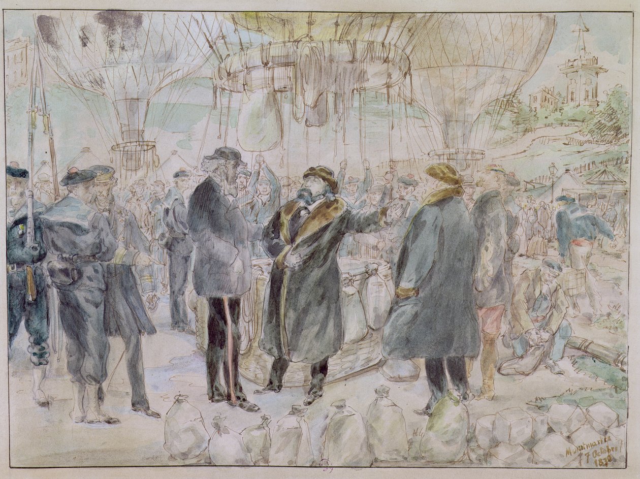Leon Muhel Gambetta（1838-82）于1870年10月7日在气球&39;L&39;Armand-Barbes&39;中离开（笔墨和纸上的纸） 作者 法语学校