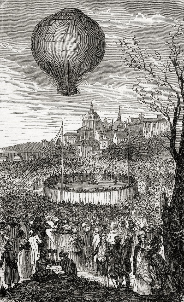 第一次空中航行，1783年10月21日，巴黎，来自“精彩的气球升天或天空的征服”，由Fulgence Marion于1870年出版 作者 法语学校