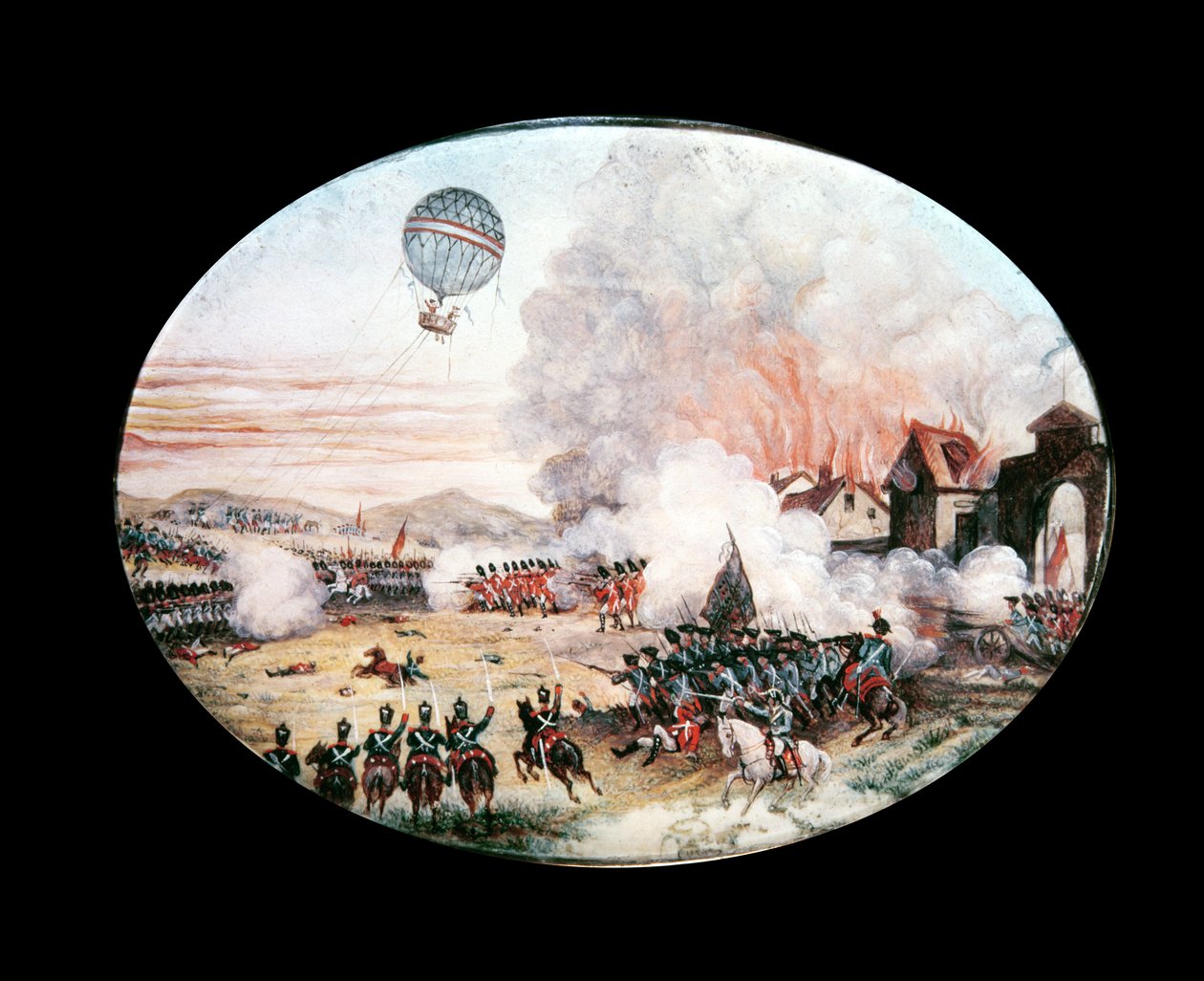 法国观察气球&39;L&39;Entreprenant&39;在Fleus战役上空盘旋，1794年（卡片上的水粉） 作者 法语学校