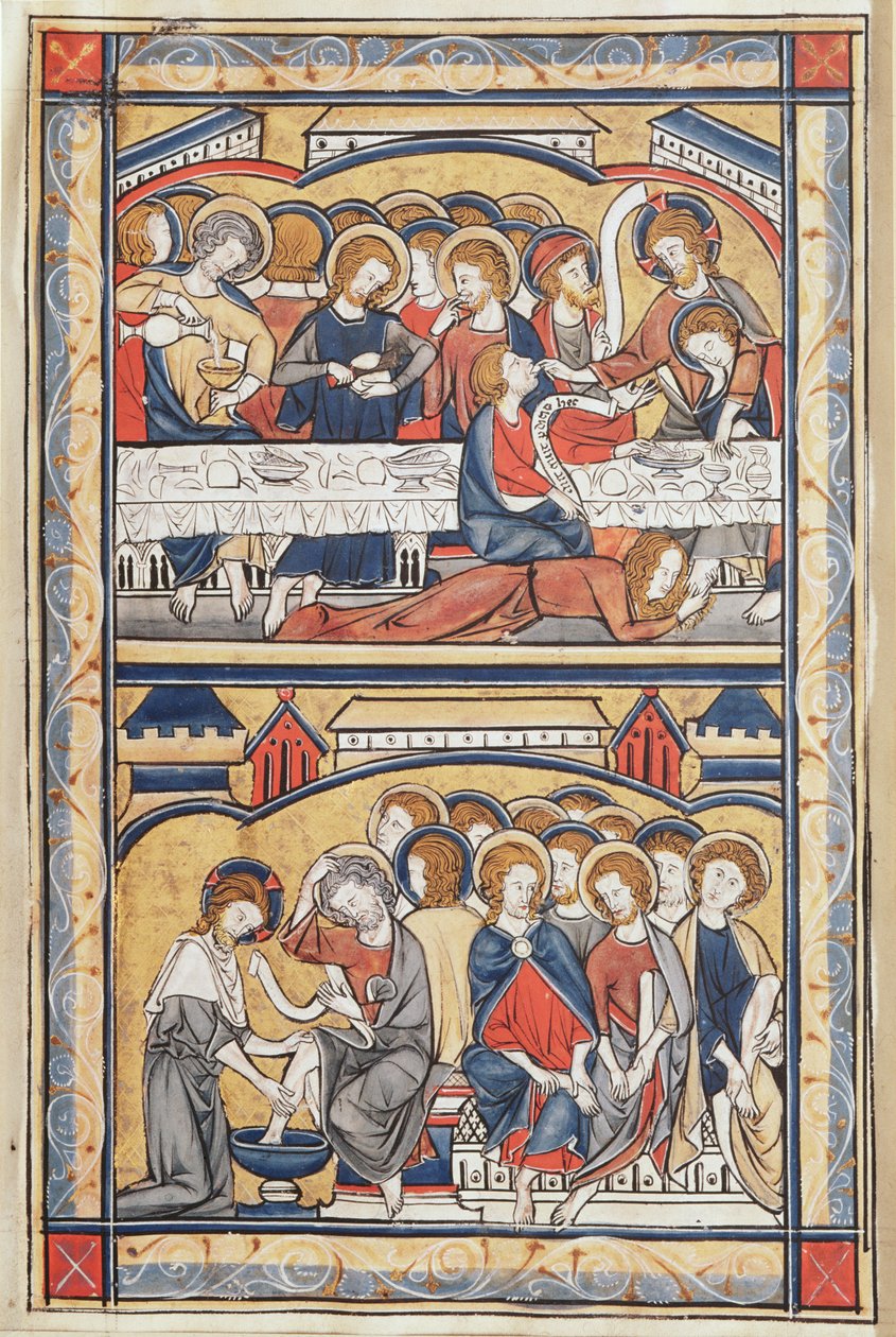 最后的晚餐和洗脚，c.1260（羊皮纸上的蛋白和金箔） 作者 法语学校