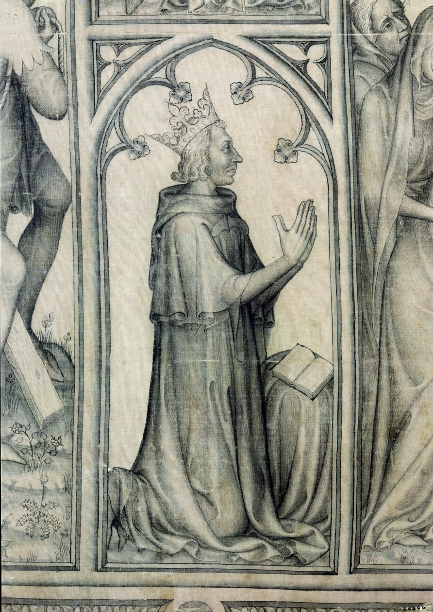 纳博讷的Parement，查理五世的细节（1338-80）祈祷，c.1375（丝绸上的grisaille）（细节83469） 作者 法语学校