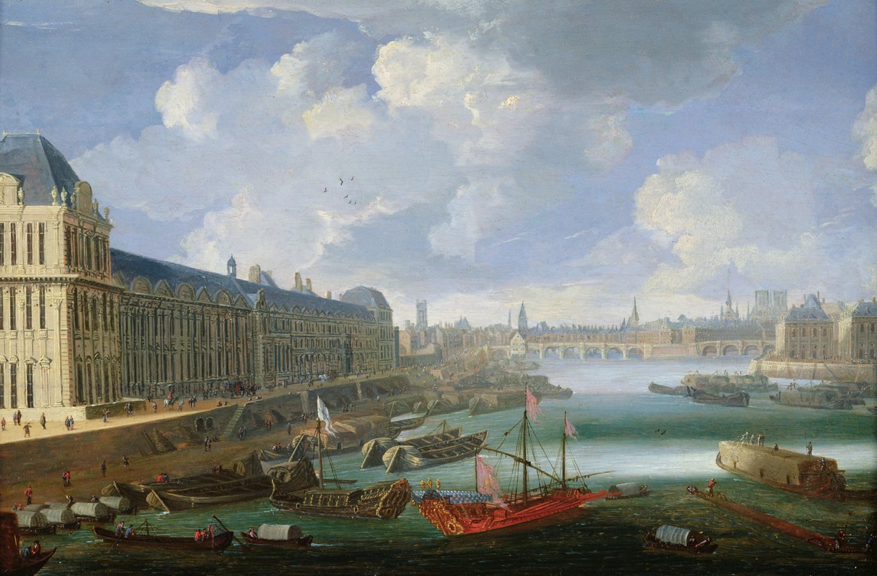 塞纳河朝向Pont-Neuf，卢浮宫和学院Mazarin，c。 1675 作者 法语学校
