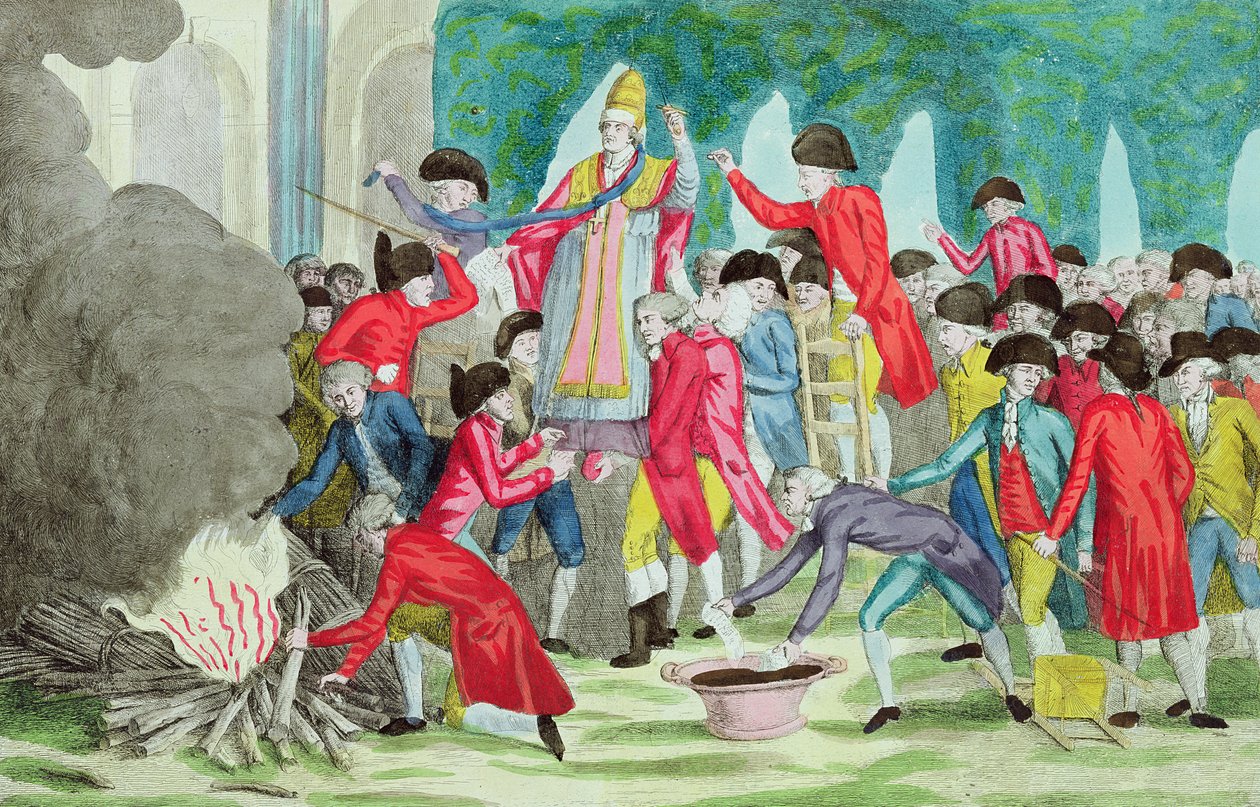 1791年4月6日，在皇家宫殿的花园中燃烧教皇庇护六世的肖像 作者 法语学校