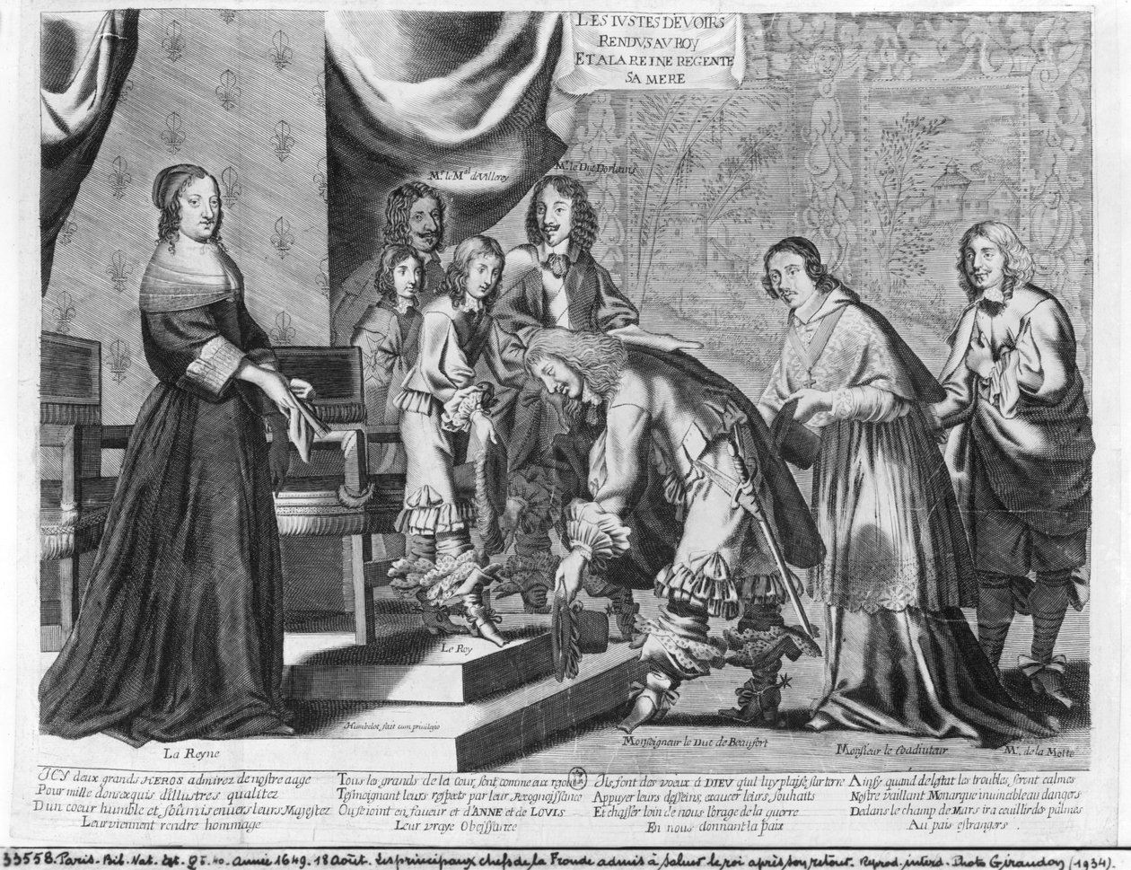 1649年8月18日，Fronde的酋长在他回来后承认迎接国王路易十四（1638-1715） 作者 法语学校