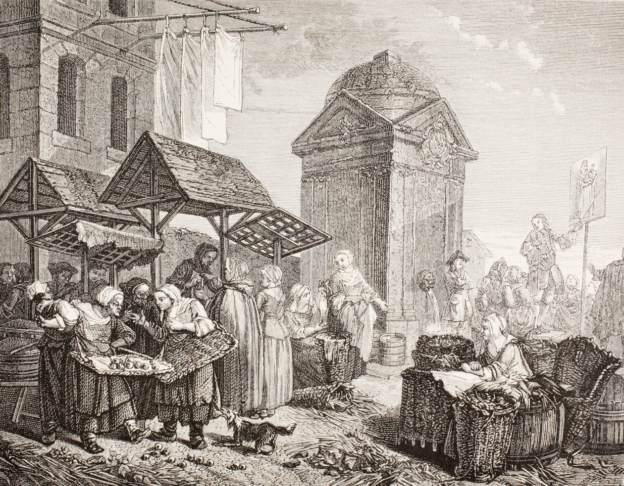 1858年，在Jeaurat的作品之后，巴黎的Maubert广场上的市场，来自&39;XVIII Siecle Institutions，Usages et Costumes&39;，1875年出版 作者 法语学校
